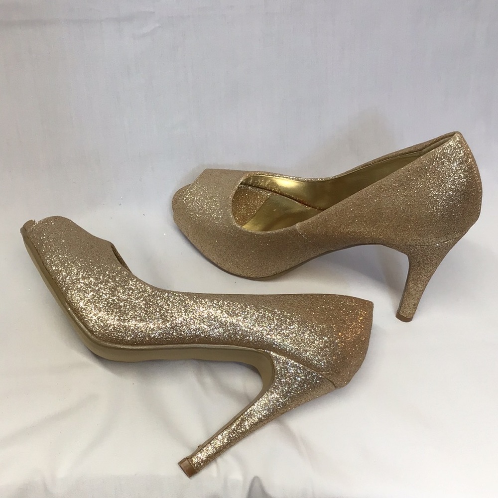 Glitter gold extreme sparkly peep toe high heel shoes sz 6 Candy Couture 4"heel